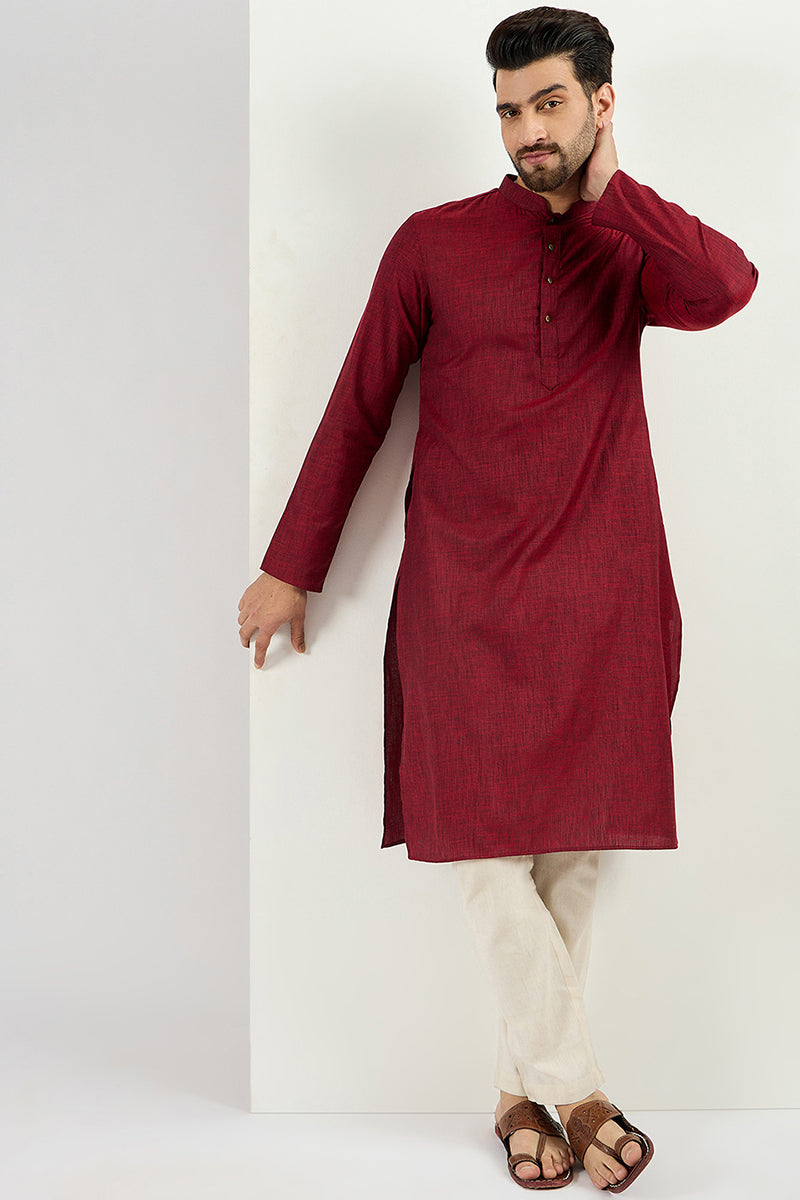 maroon-pure-cotton-solid-woven-design-straight-kurta-with-trousers-mkset1096