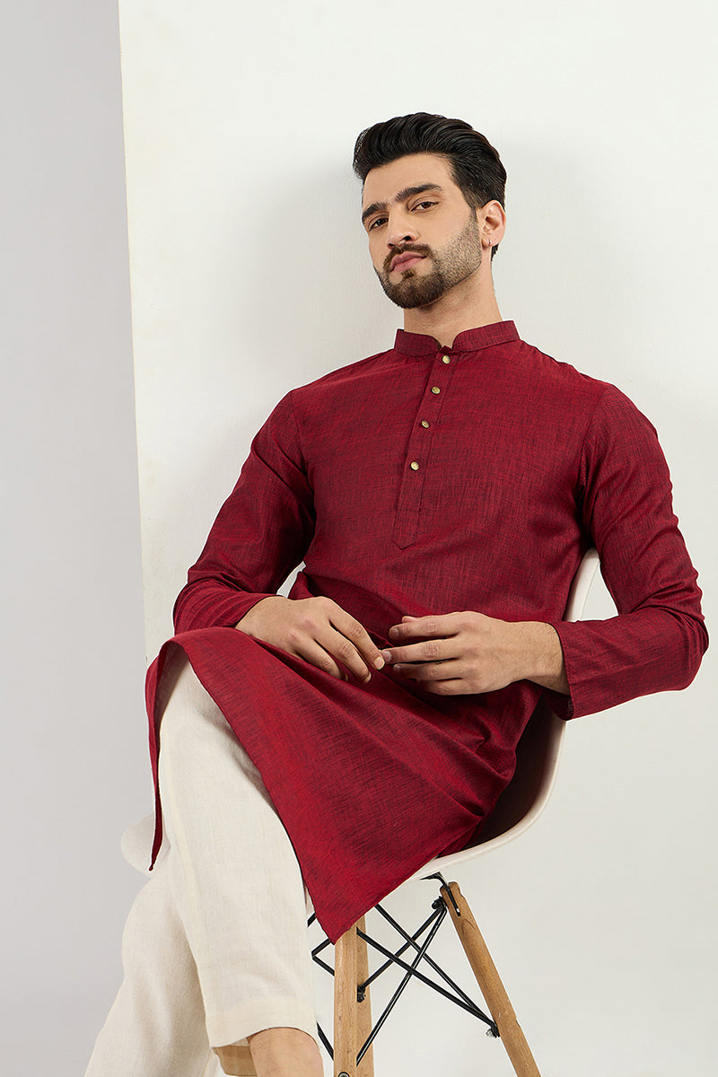 maroon-pure-cotton-solid-woven-design-straight-kurta-with-trousers-mkset1096