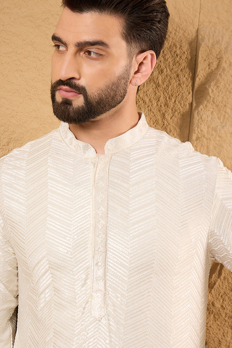 Off White Viscose Rayon Solid Embroidered Straight Kurta with Trousers MKSET1102