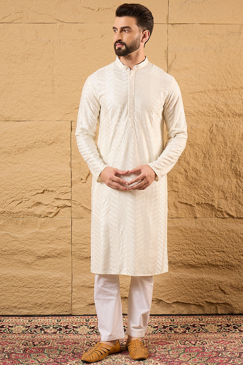 Off White Viscose Rayon Solid Embroidered Straight Kurta with Trousers MKSET1102