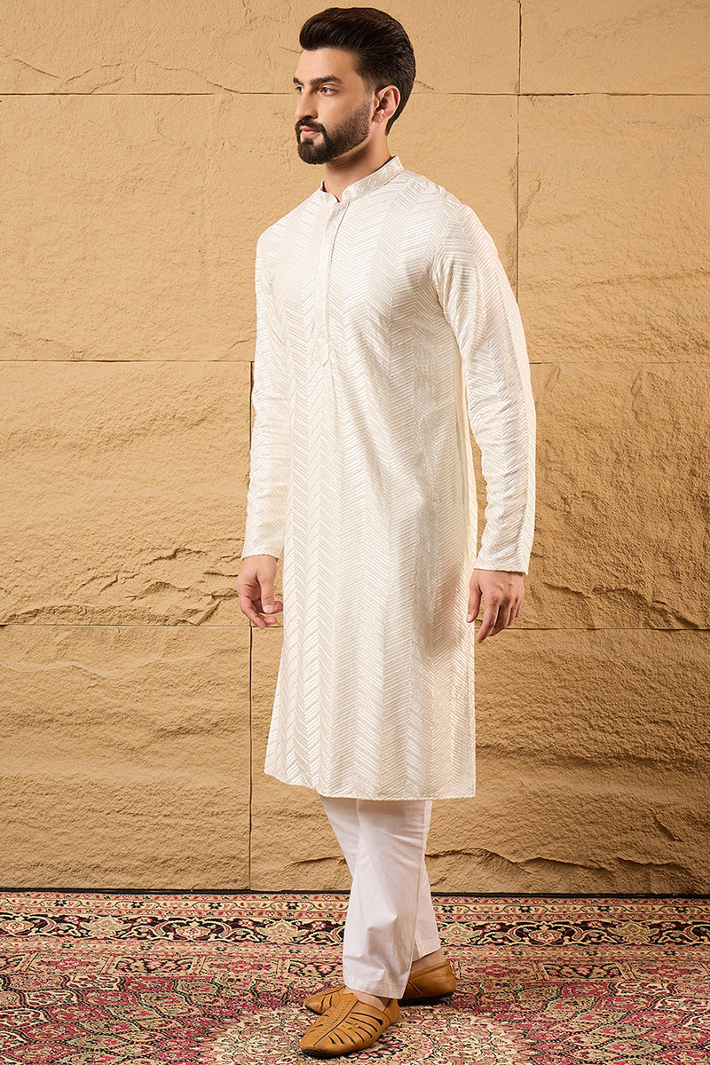Off White Viscose Rayon Solid Embroidered Straight Kurta with Trousers MKSET1102