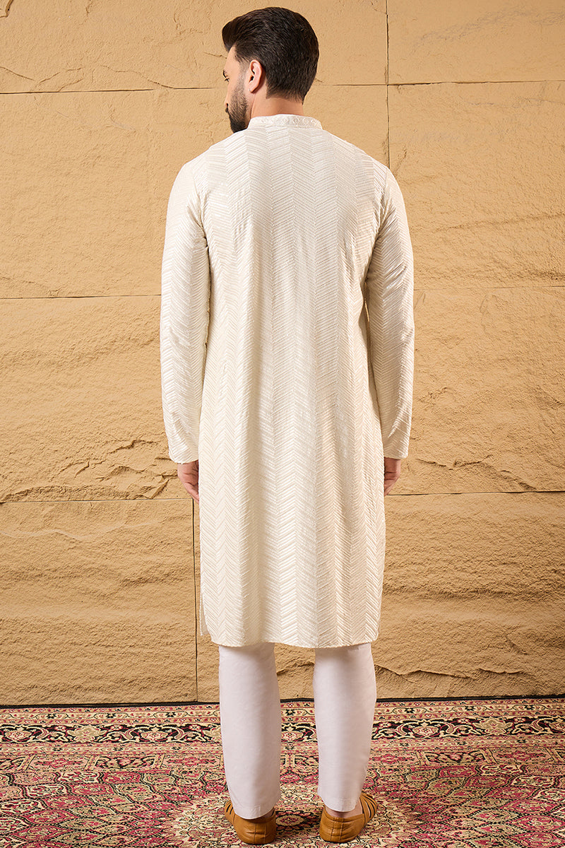 Off White Viscose Rayon Solid Embroidered Straight Kurta with Trousers MKSET1102