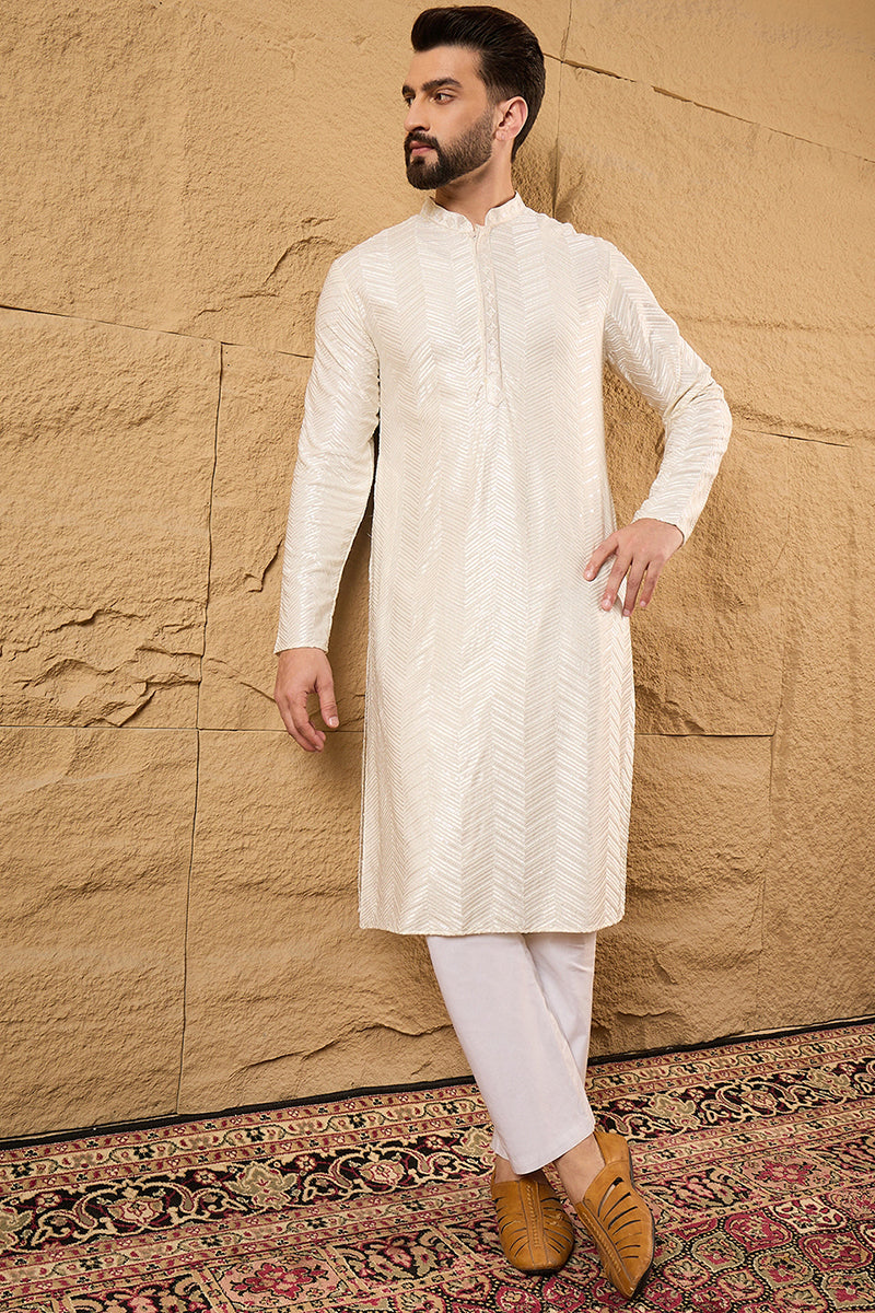 Off White Viscose Rayon Solid Embroidered Straight Kurta with Trousers