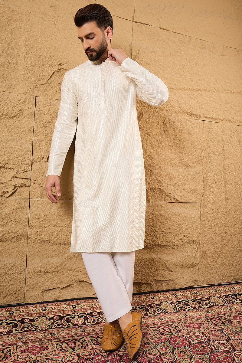 Off White Viscose Rayon Solid Embroidered Straight Kurta with Trousers
