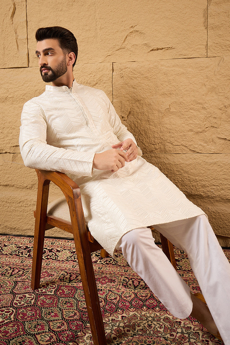 Off White Viscose Rayon Solid Embroidered Straight Kurta with Trousers