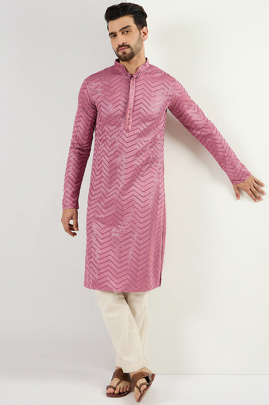 Pink Viscose Rayon Solid Embroidered Straight Kurta with Trouser MKSET1103