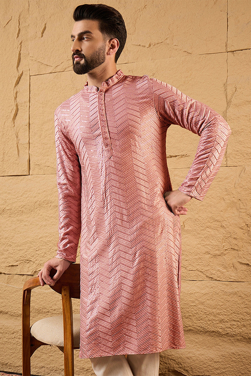 peach viscose rayon solid embroidered straight kurta with trousers