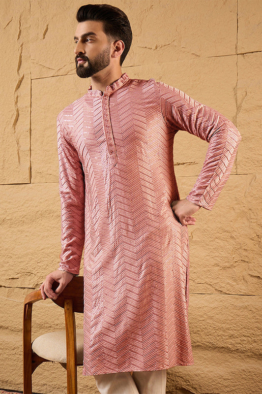 peach viscose rayon solid embroidered straight kurta with trousers