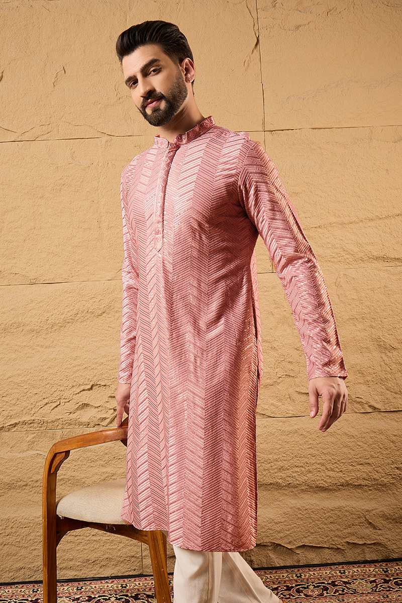 peach viscose rayon solid embroidered straight kurta with trousers