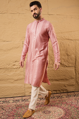 peach viscose rayon solid embroidered straight kurta with trousers
