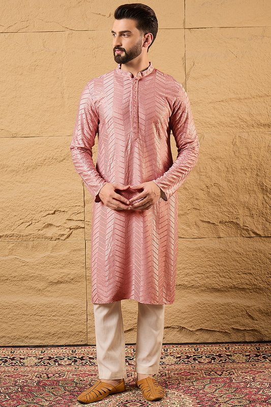 peach viscose rayon solid embroidered straight kurta with trousers