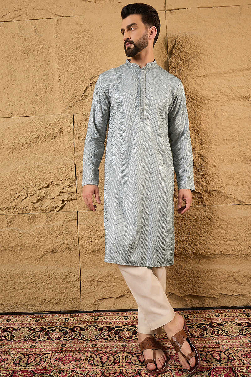 Grey Viscose Rayon Solid Embroidered Straight Kurta with Trouser