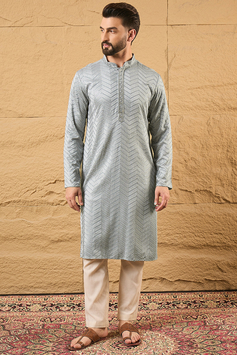 Grey Viscose Rayon Solid Embroidered Straight Kurta with Trouser