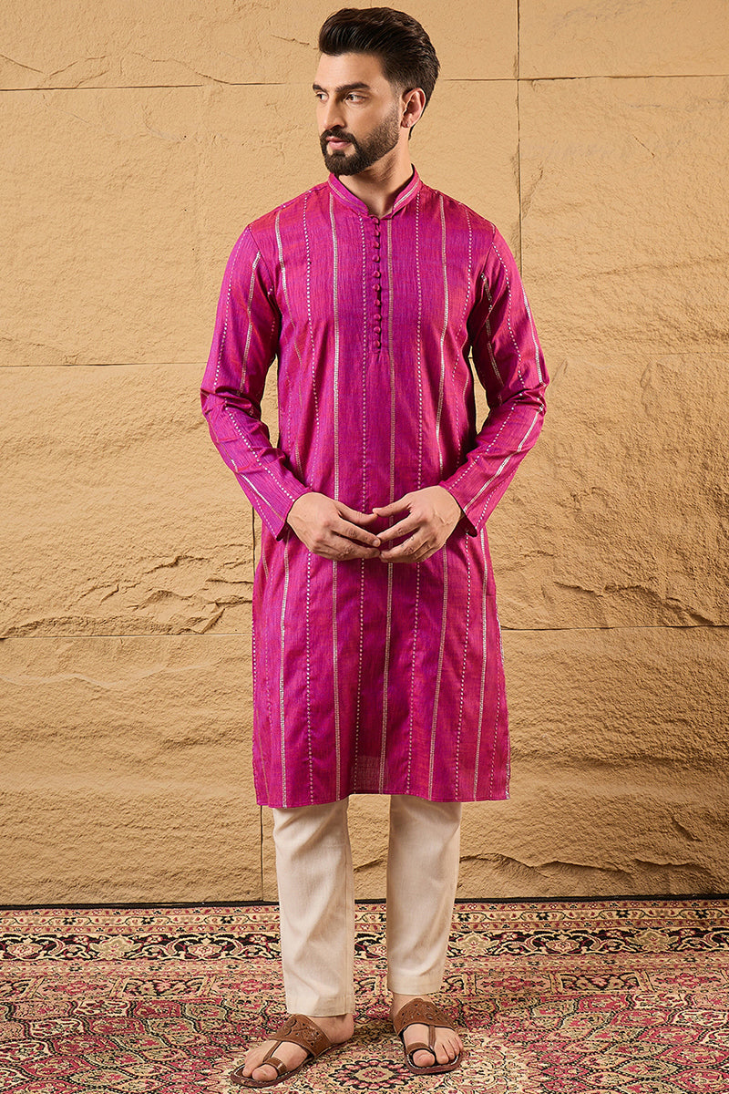 Pink Pure Cotton Solid Embroidered Straight Kurta with Trousers MKSET1120