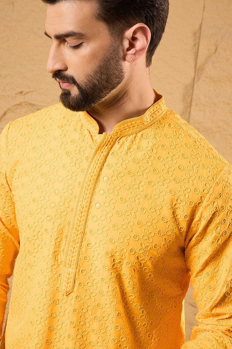 Yellow Viscose Rayon Solid Embroidered Straight Kurta with Trouser MKSET1186