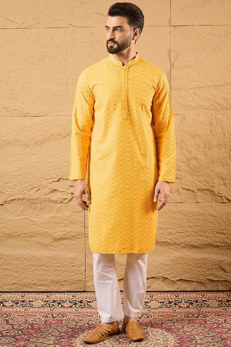Yellow Viscose Rayon Solid Embroidered Straight Kurta with Trouser