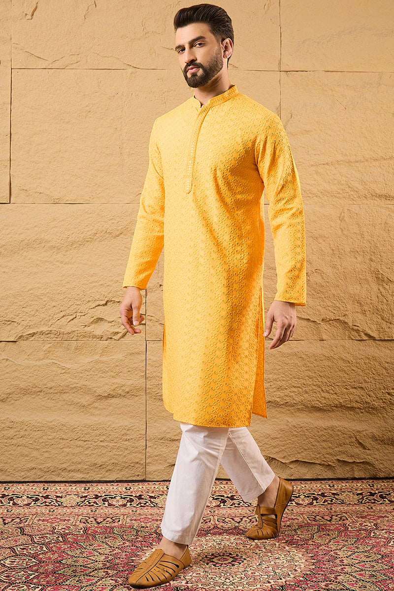 Yellow Viscose Rayon Solid Embroidered Straight Kurta with Trouser