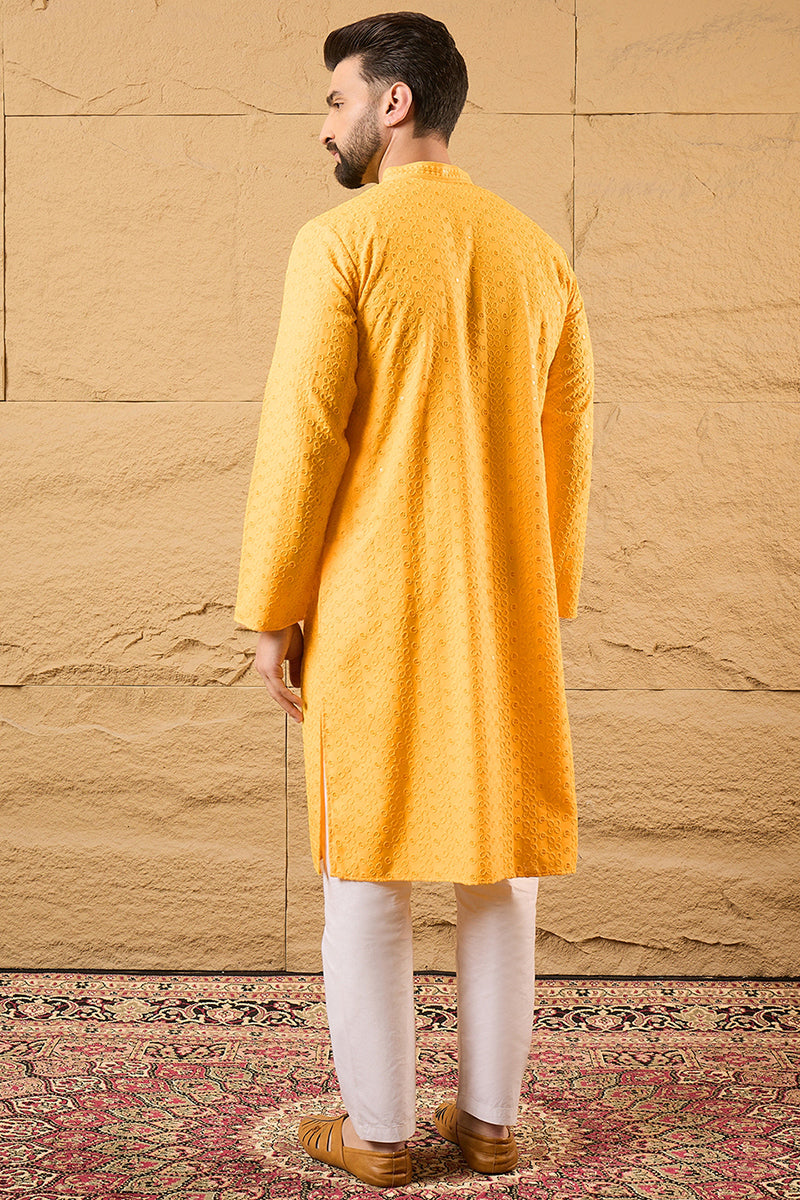 Yellow Viscose Rayon Solid Embroidered Straight Kurta with Trouser MKSET1186