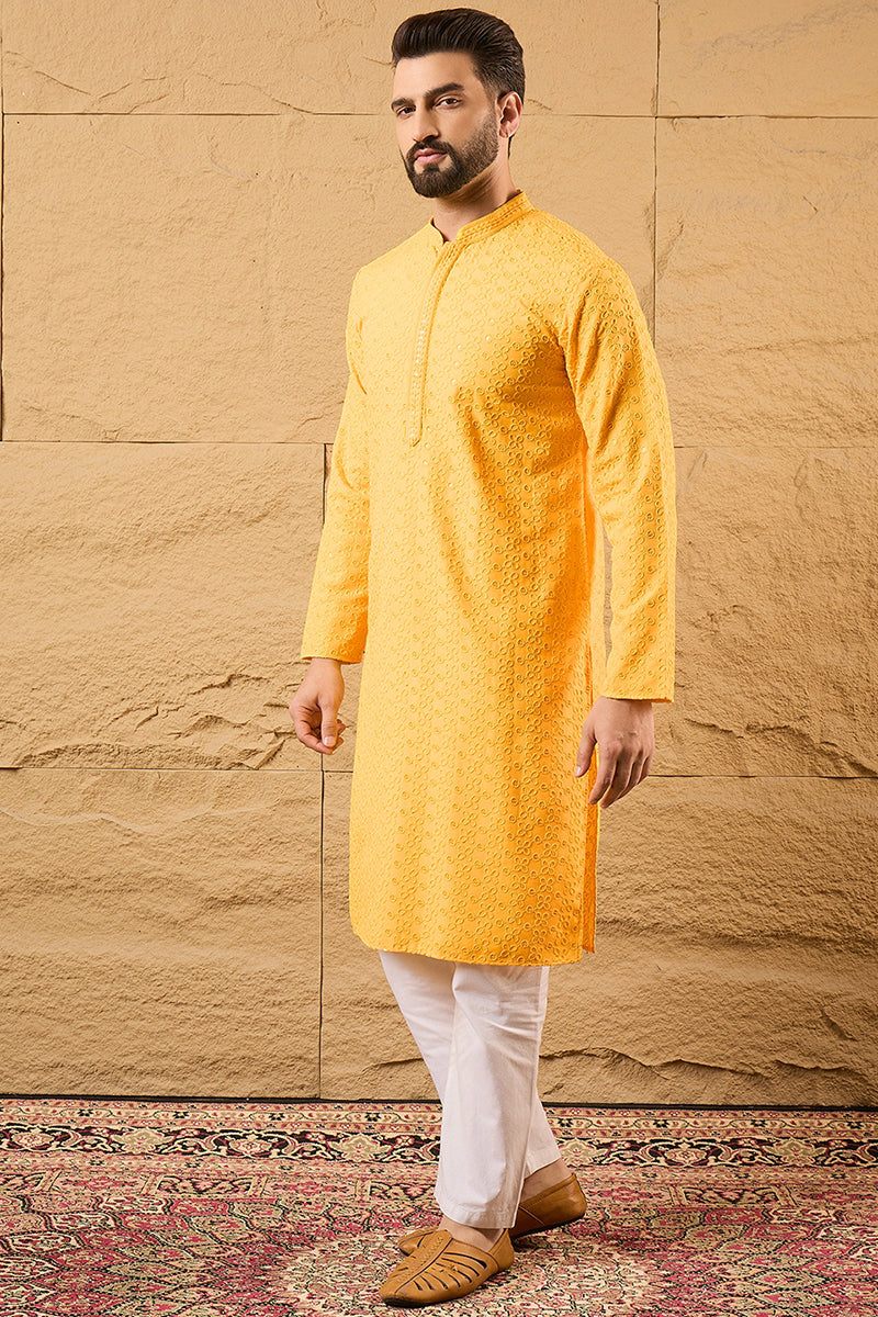 Yellow Viscose Rayon Solid Embroidered Straight Kurta with Trouser MKSET1186