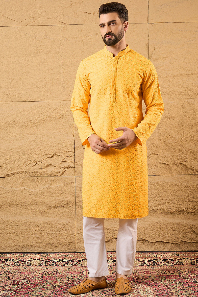Yellow Viscose Rayon Solid Embroidered Straight Kurta with Trouser