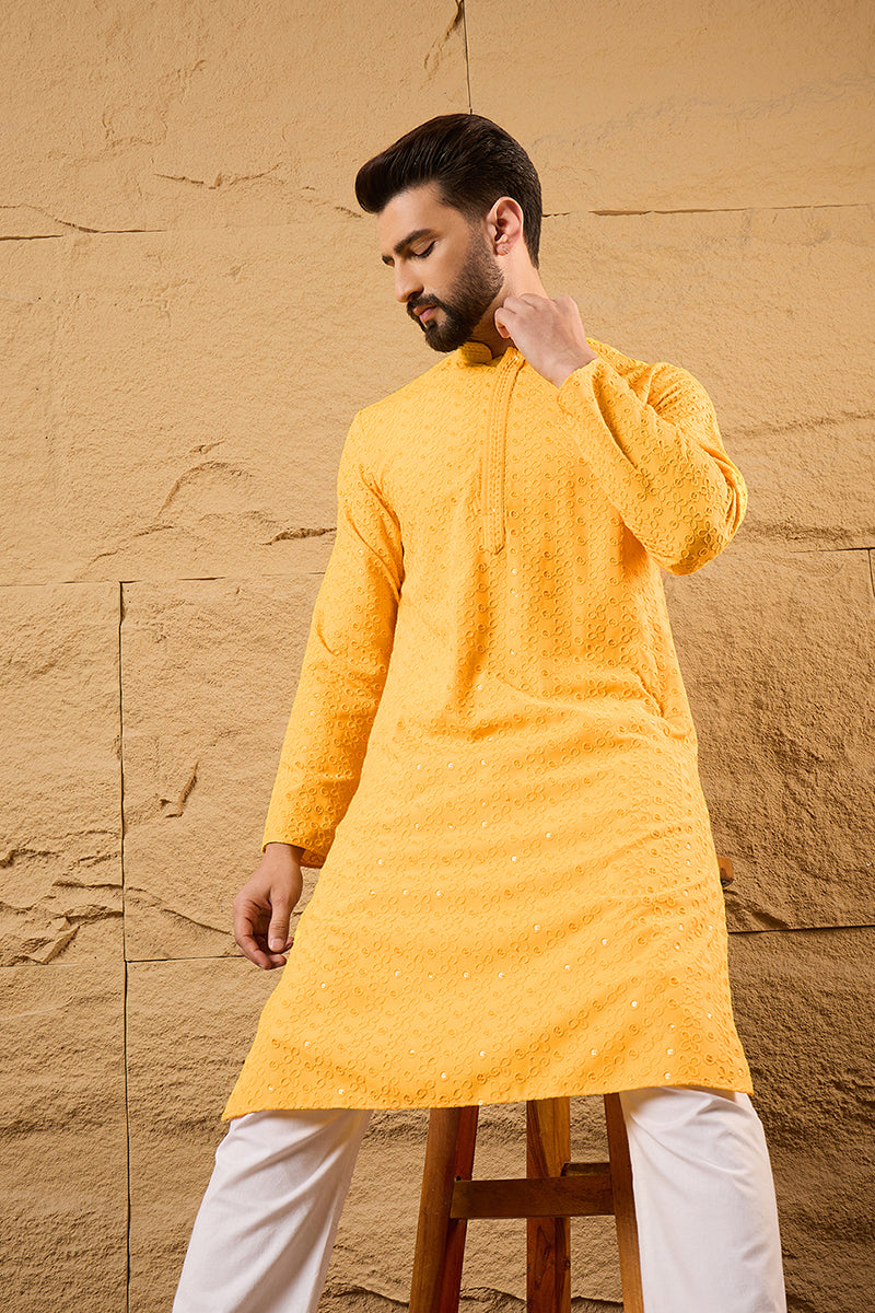 Yellow Viscose Rayon Solid Embroidered Straight Kurta with Trouser MKSET1186
