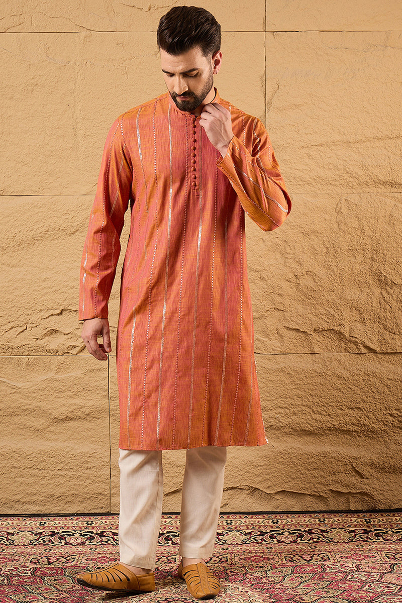 orange pure cotton solid embroidered straight kurta with trouser