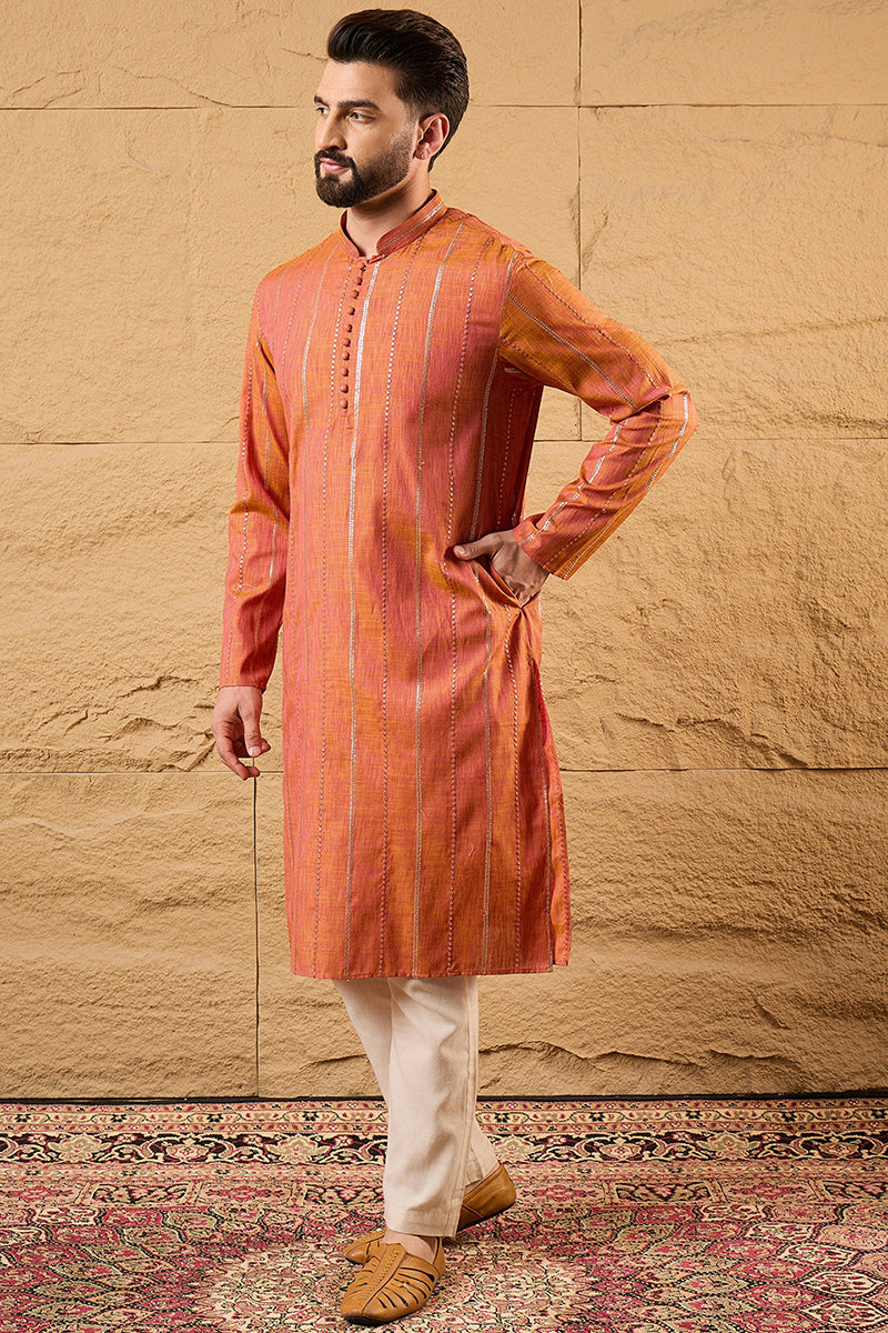 orange pure cotton solid embroidered straight kurta with trouser