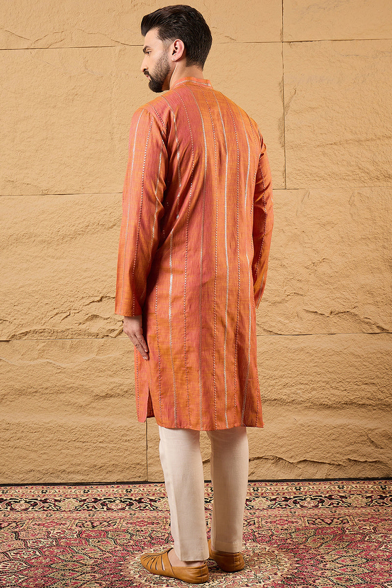 orange pure cotton solid embroidered straight kurta with trouser