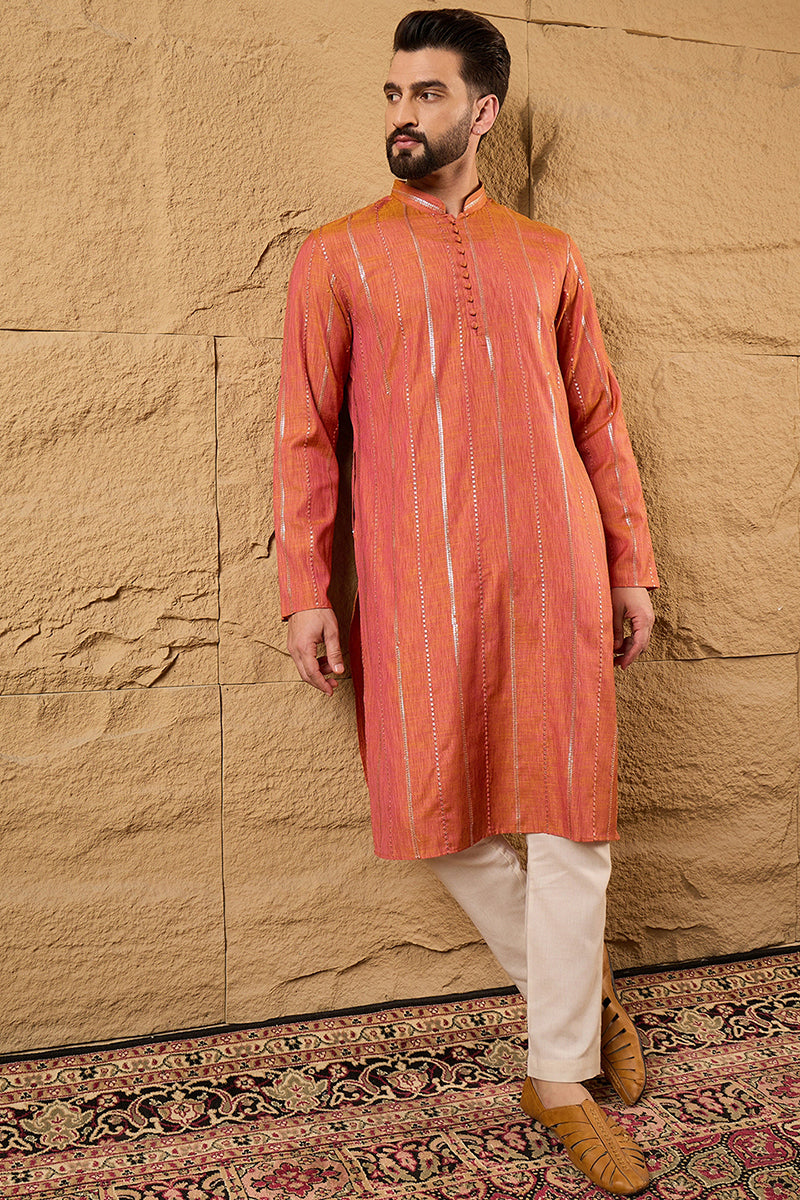 orange pure cotton solid embroidered straight kurta with trouser