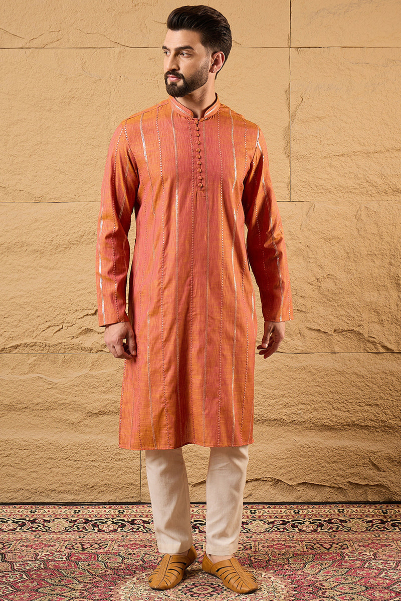 orange pure cotton solid embroidered straight kurta with trouser