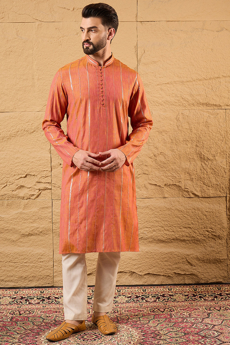 orange pure cotton solid embroidered straight kurta with trouser