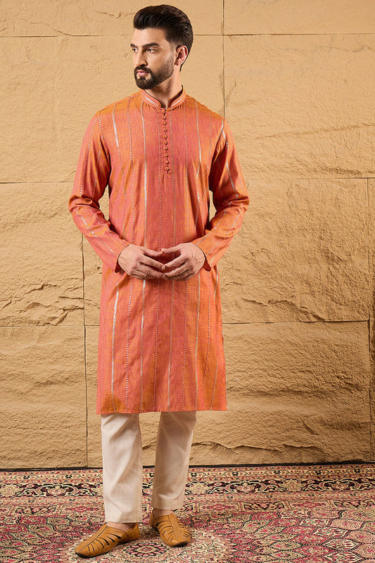 orange pure cotton solid embroidered straight kurta with trouser