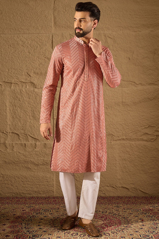 pink viscose rayon solid embroidered straight kurta with trousers