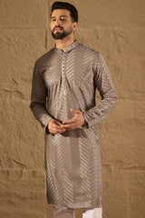 grey viscose rayon solid embroidered straight kurta with trousers