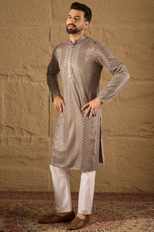 grey viscose rayon solid embroidered straight kurta with trousers