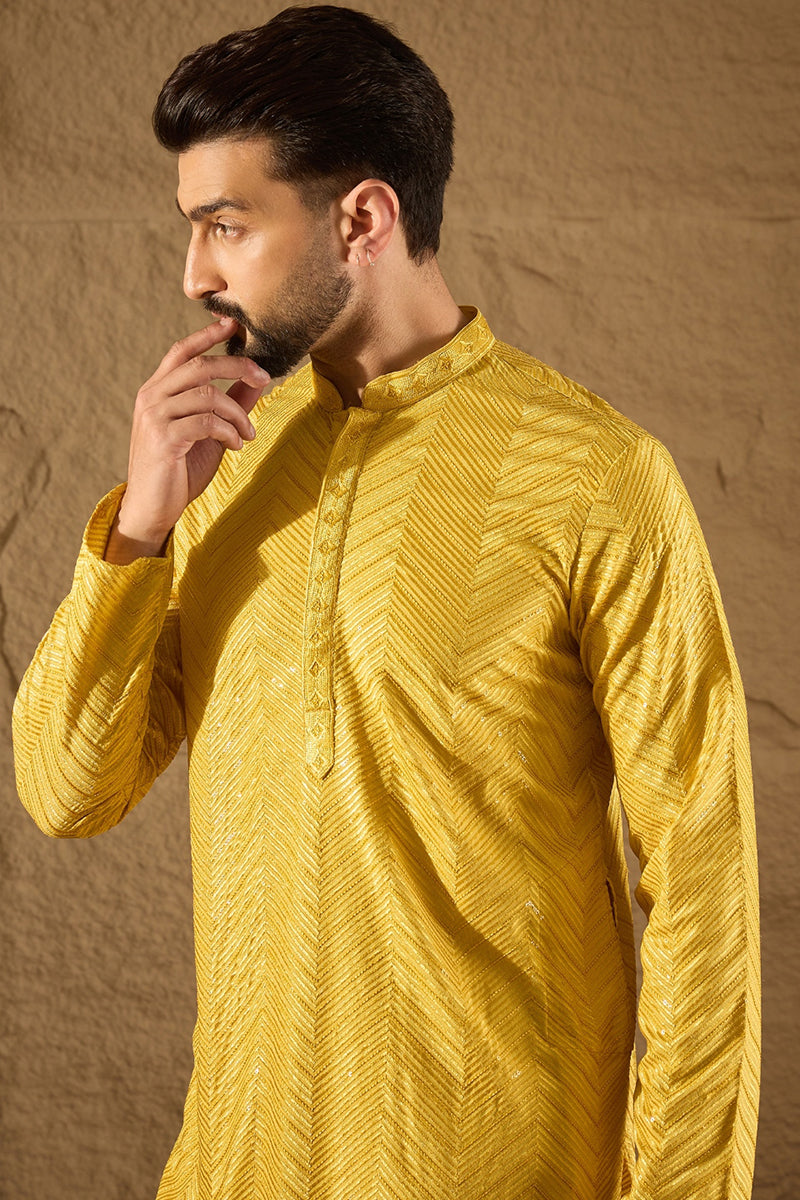 Yellow Viscose Rayon Solid Embroidered Straight Kurta with Trouser MKSET1204