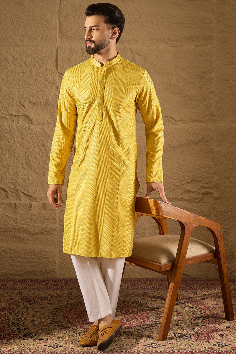 Yellow Viscose Rayon Solid Embroidered Straight Kurta with Trouser
