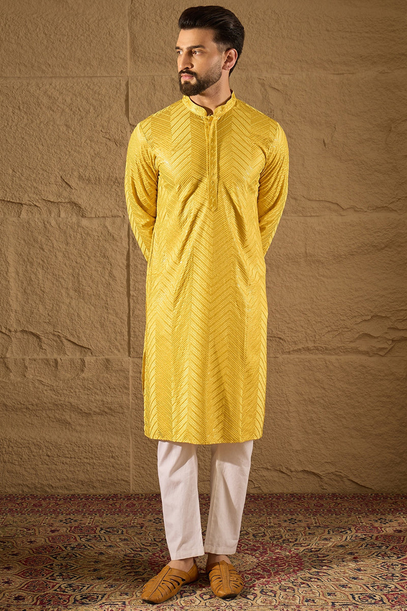 Yellow Viscose Rayon Solid Embroidered Straight Kurta with Trouser