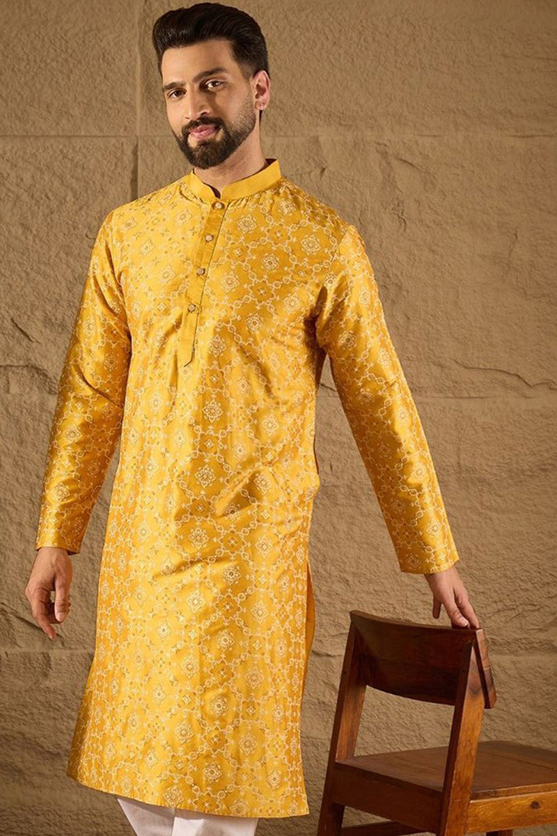 Yellow Pure Silk Geometric Printed Straight Kurta with Trousers MKSET1276