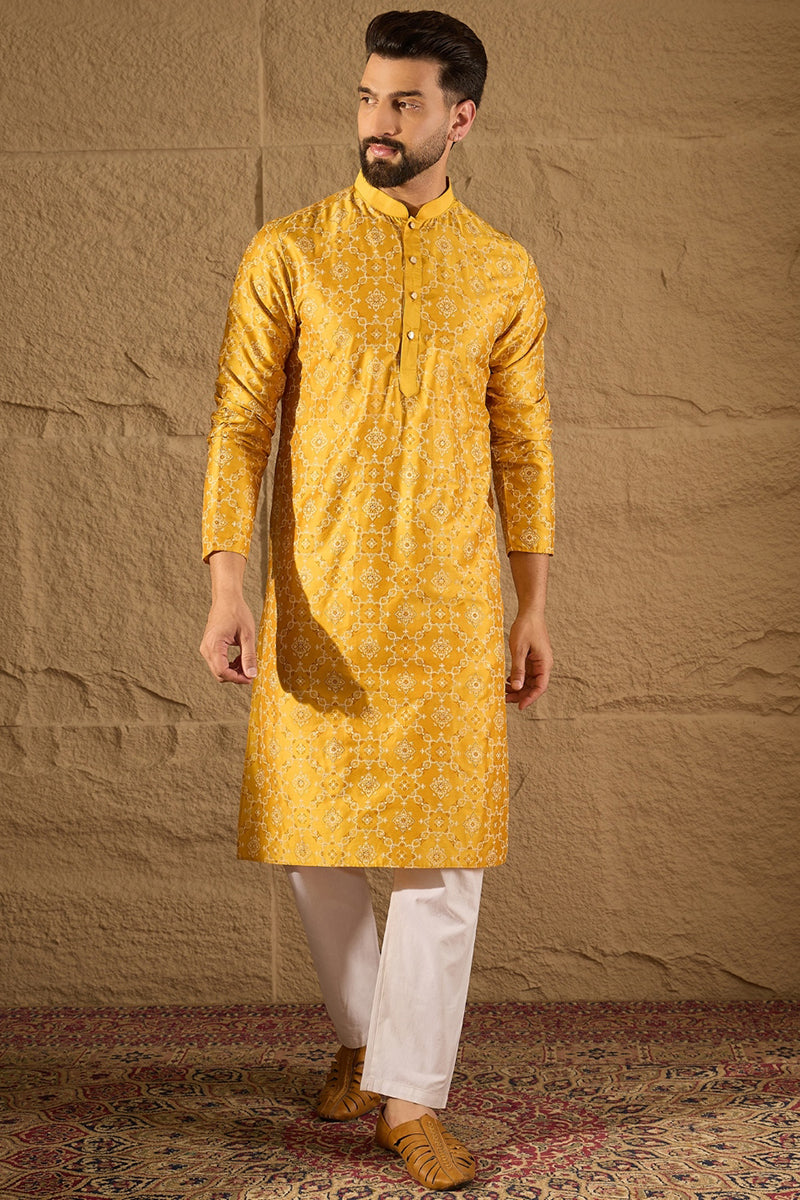 Yellow Pure Silk Geometric Printed Straight Kurta with Trousers MKSET1276
