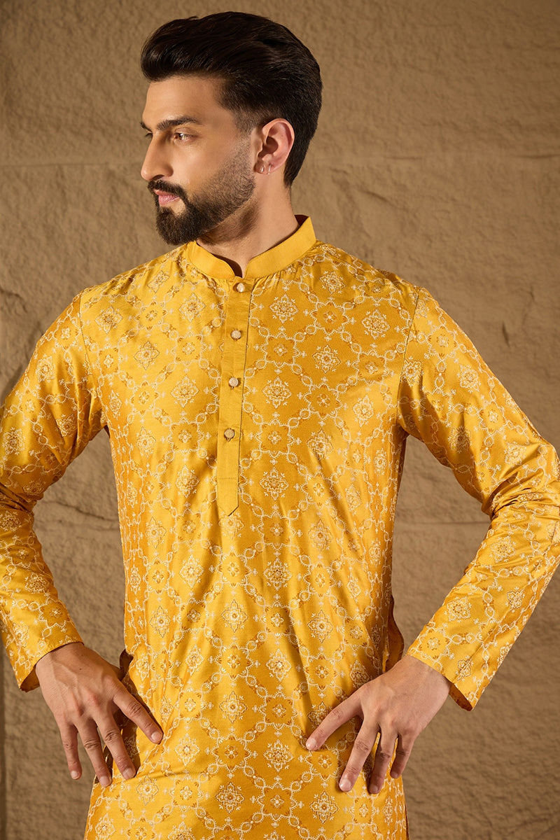 Yellow Pure Silk Geometric Printed Straight Kurta with Trousers MKSET1276
