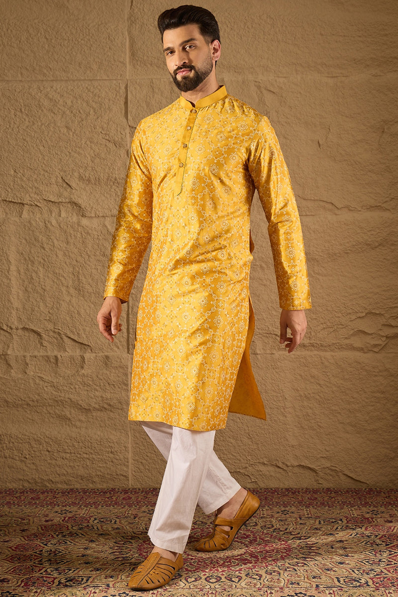Yellow Pure Silk Geometric Printed Straight Kurta with Trousers MKSET1276