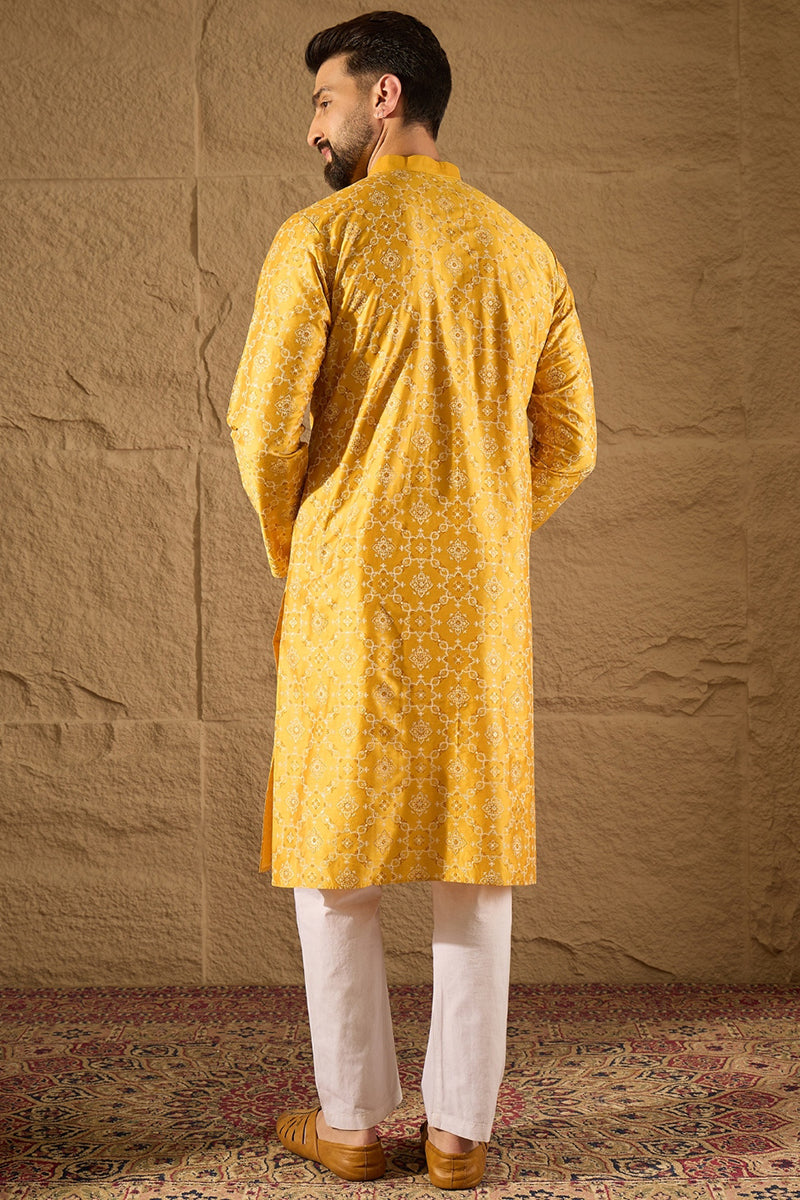Yellow Pure Silk Geometric Printed Straight Kurta with Trousers