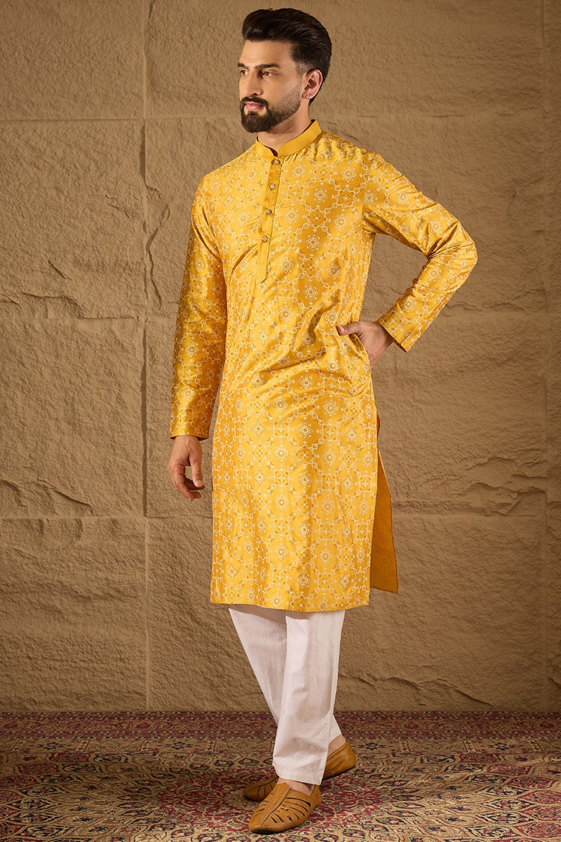 Yellow Pure Silk Geometric Printed Straight Kurta with Trousers