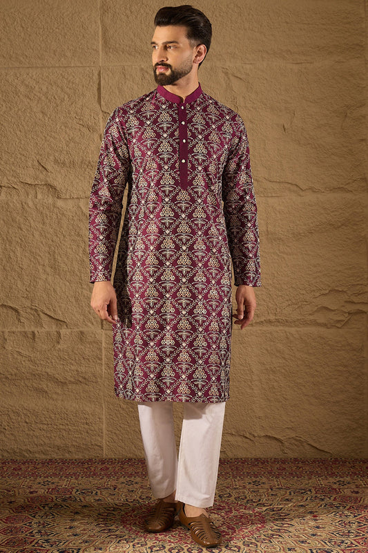 Purple Pure Silk Floral Printed Straight Kurta with Trouser MKSET1279
