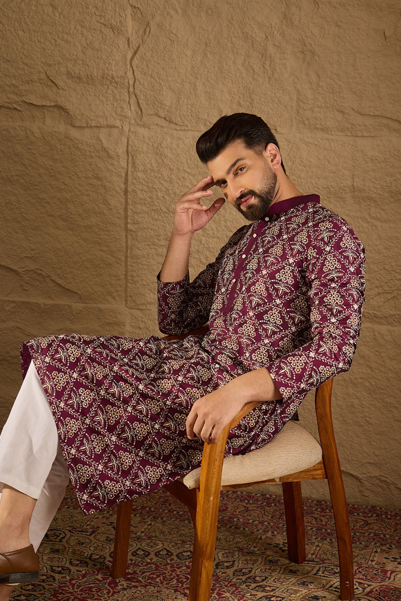 Purple Pure Silk Floral Printed Straight Kurta with Trouser MKSET1279