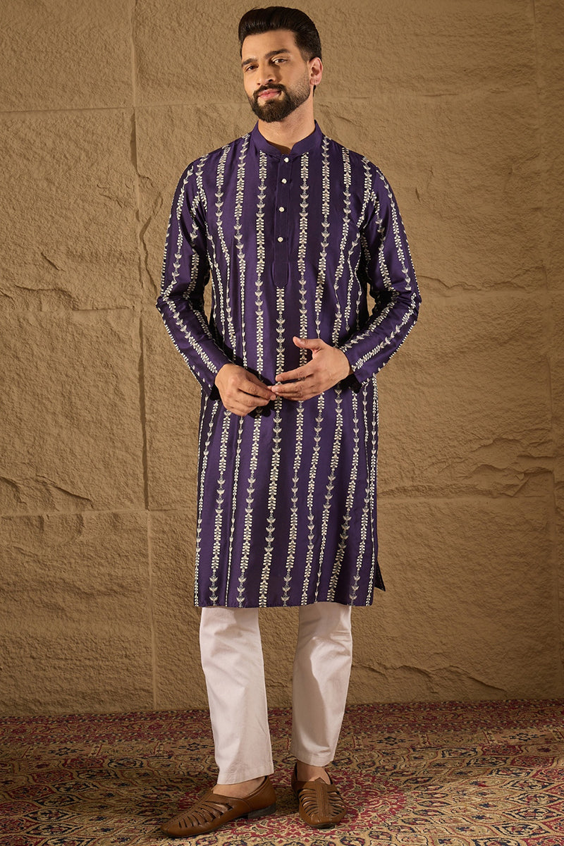 Purple Viscose Rayon Ethnic Motifs Printed Straight Kurta with Trousers MKSET1280