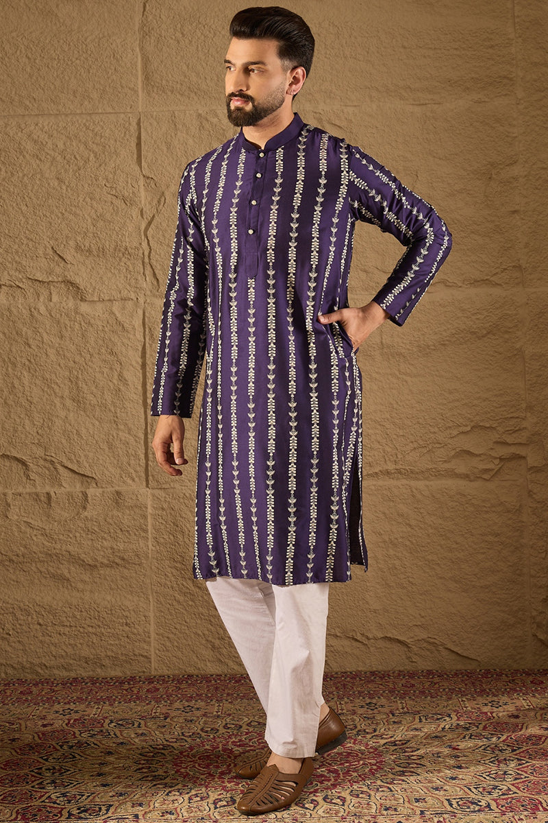 Purple Viscose Rayon Ethnic Motifs Printed Straight Kurta with Trousers