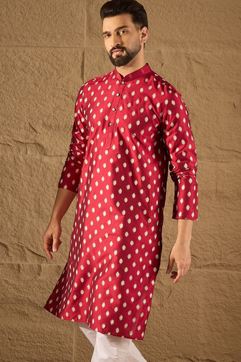 Maroon Silk Ikat Printed Straight Kurta With Pant Set MKSET1281