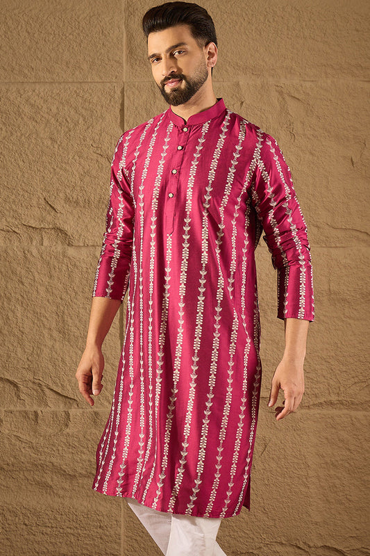 Pink Pure Silk Ethnic Motifs Printed Straight Kurta with Trousers MKSET1283